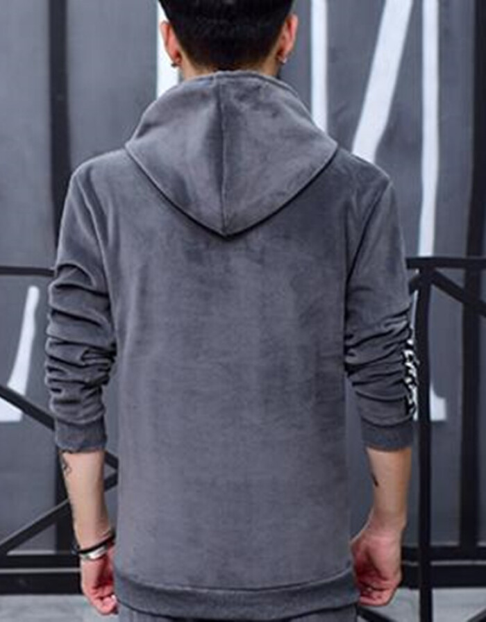 富贵鸟(Fuguiniao)冬款卫衣男运动套装 加厚保暖金丝绒青少年运动装 灰色 L