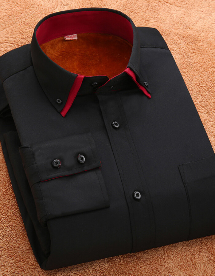 保罗 加绒加厚衬衫男男士双层领长袖保暖衬衣 黑色 SL5602 42